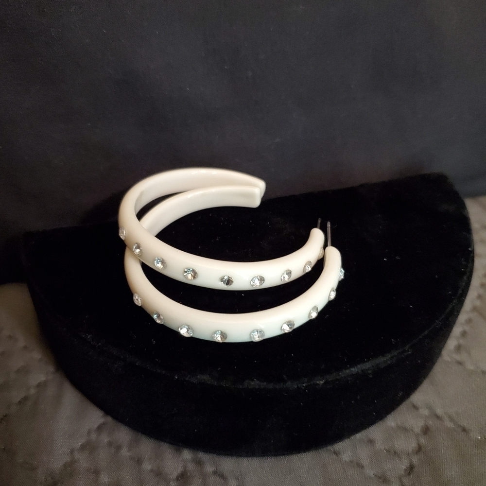 White & Rhinestone Hoop Earrings - Picture 7 of 8